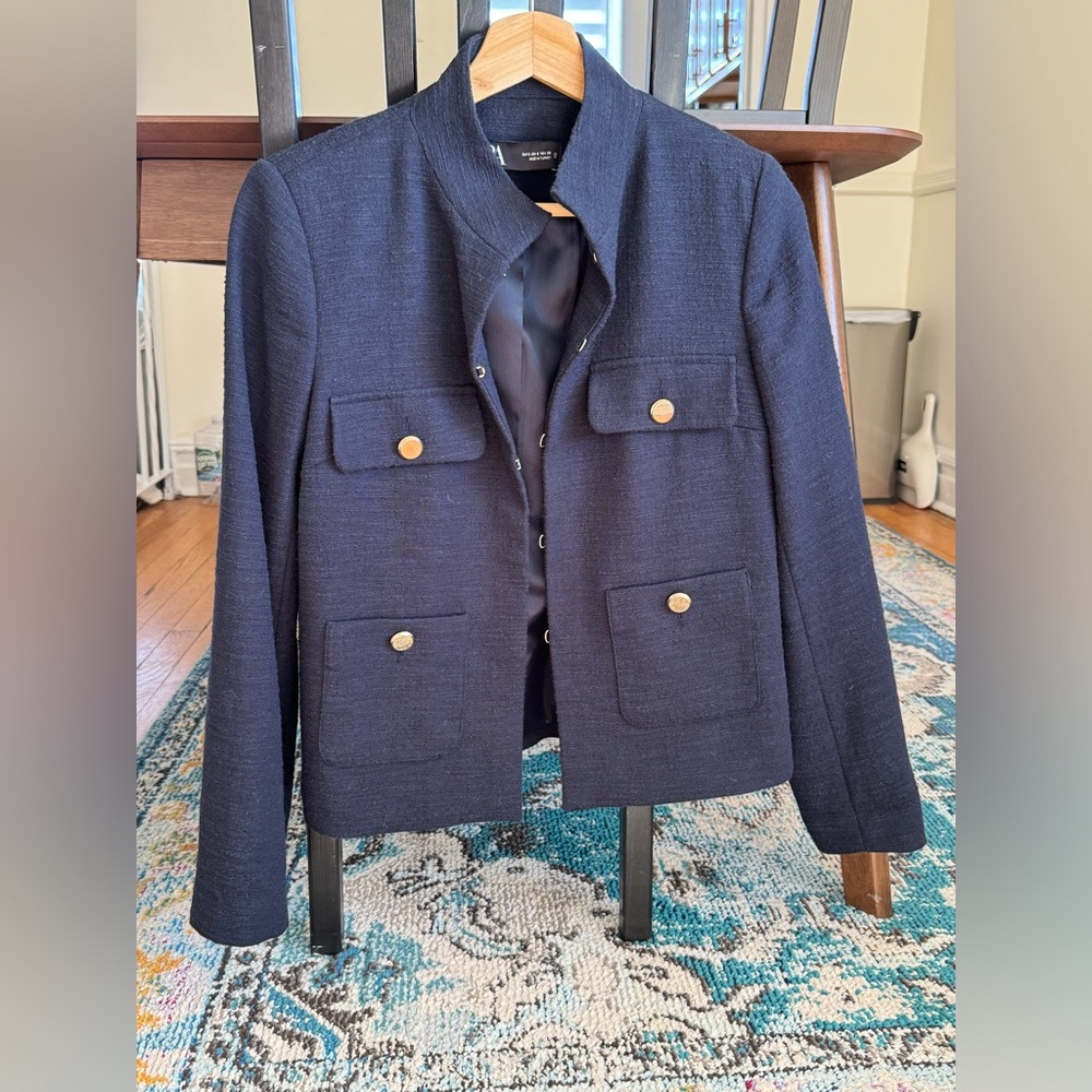 Zara Navy Boxy Blazer with Gold Buttons and hook closure.